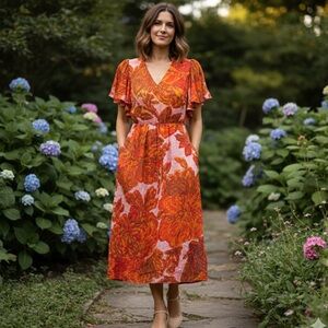 Hope For Flowers by Tracy Reese Sz M NWT Orange Floral Feminine Midi Dress